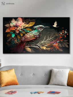 Nestroots - Colourful Bird and Floral Branch Wall Painting