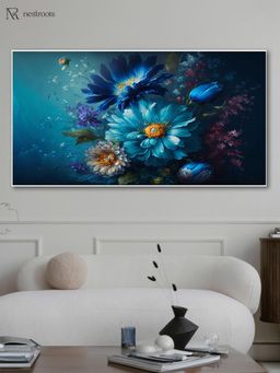 Nestroots - Captivating Blue Flowers On Dark Wall Painting