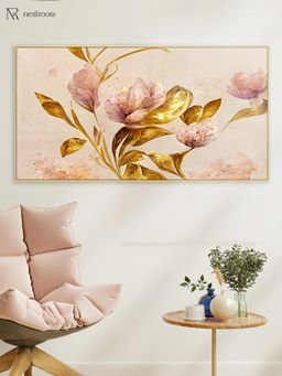 Nestroots - Pink Flowers and Gold Leaves Wall Painting