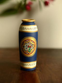 ExclusiveLane - 6 Inch Terracotta Handpainted Warli Tapered Shape Vase In Blue