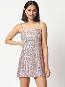 Twenty Dresses by Nykaa Fashion - Pink Sequined Shoulder Straps Mini Dress