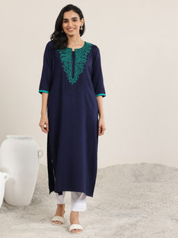 Libas - Navy Blue Yoke Design Rayon Straight Kurtas for Women