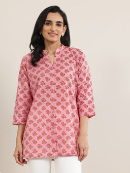Libas - Peach Printed Cotton Straight Short Kurtis for Women