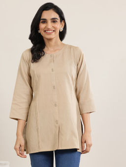 Libas - Beige Solid Cotton Blend Straight Short Kurtis for Women