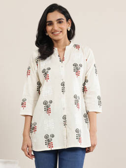 Libas - Off White Printed Cotton Straight Short Kurtis for Women