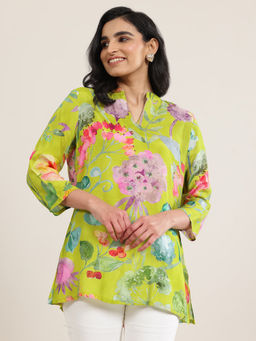 Libas - Tunic for Womens Green Printed Silk Blend Short Kurti