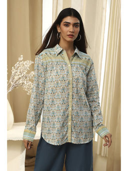 Biba - Women's Blue Cotton Straight Printed Shirt