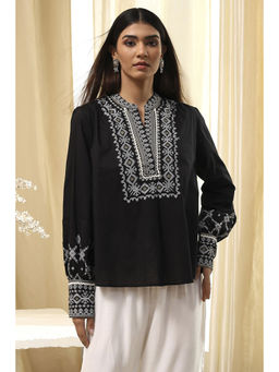Biba - Women's Black Cotton Straight Printed Tunic