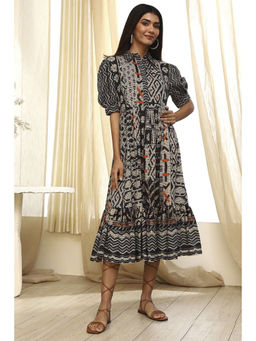 Biba - Women's Black Cotton Tiered Printed Dress