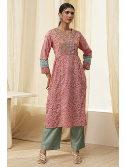 Biba - Women's Pink Cotton Relaxed Printed Kurta