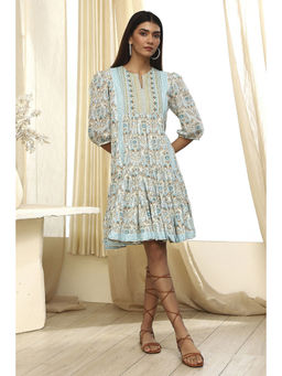 Biba - Women's Blue Cotton Tiered Printed Dress