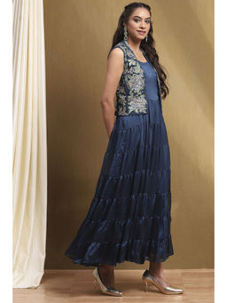 Biba - Women's Navy Blue Georgette Kurta with Jacket (Set of 2)