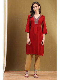Biba - Women's Deep Red Solid Gathered Straight Kurta
