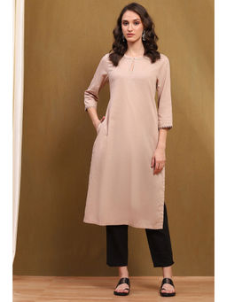 Biba - Women's Beige Cotton Blend Solid Straight Kurta