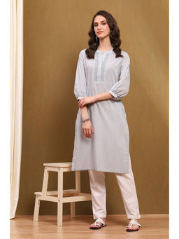 Biba - Women's Steel Grey Cotton Solid Regular Fit Straight Kurta