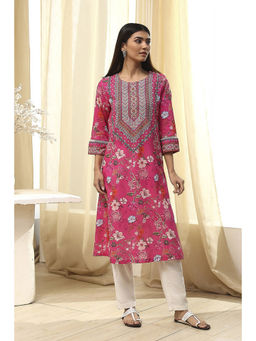 Biba - Women's Pink Pure Cotton Floral Straight Kurta
