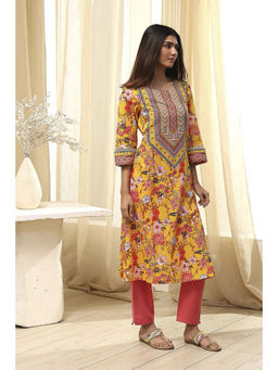 Biba - Women's Yellow Cotton Straight Printed Kurta