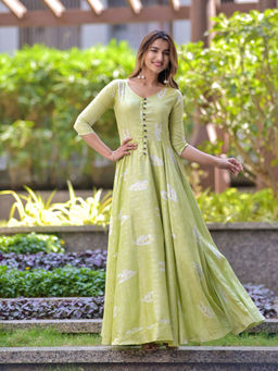 Vinya - Pastel Green Foil Printed Rayon Slub Fit & Flare Dress