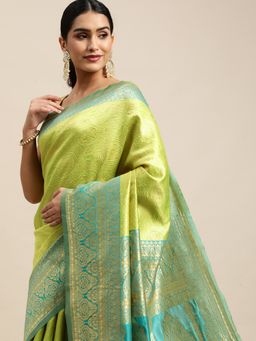 Shrithi Fashion Fab - Green & Teal Woven Kashida Silk Kanjeevaram saree with Unstitched Blouse