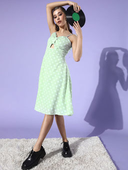 Dodo & Moa - Mint Green White Polka Dot Print A-Line Dress