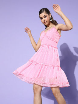 Dodo & Moa - Women Attractive Pink Self-Design Feminine Frills Dress