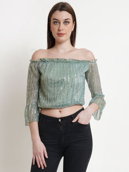 Dodo & Moa - Green Silver-Toned Embellished Off-Shoulder Bardot Crop Top