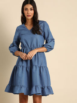 Dodo & Moa - Women Blue Solid Tiered Denim Fit And Flare Dress