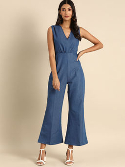 Dodo & Moa - Women Blue Solid Basic Denim Jumpsuit