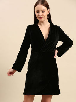 Dodo & Moa - Black Solid Velvet Finish Mini Wrap Dress