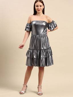 Dodo & Moa - Silver-Toned Off-Shoulder Sheen Tiered Dress