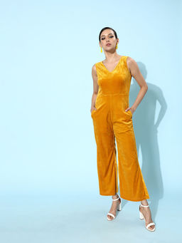 Dodo & Moa - Women Stylish Mustard Solid Velvet Jumpsuit