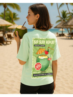 Bewakoof - Women's Fog Green Sipslay Repeat Graphic Printed Oversized T-shirt