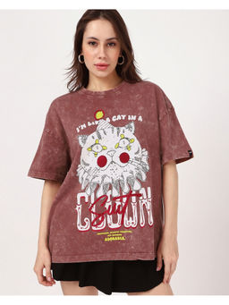 Bewakoof - Women's Brick Red Cat Clown Graphic Printed Oversized Acid Wash T-shirt