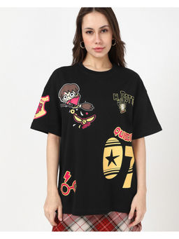Bewakoof - Women's Jet Black Harry Potter Graphic Printed Oversized T-shirt