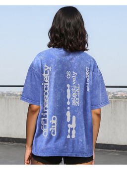 Bewakoof - Women's Blue Active Typography Oversized Acid Wash T-shirt