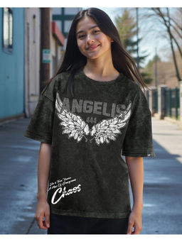 Bewakoof - Women's Black Angel Is Graphic Printed Oversized Acid Wash T-shirt
