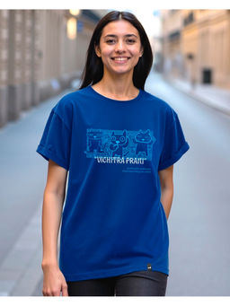 Bewakoof - Women's Blue Vichitra Prani Graphic Printed Boyfriend T-shirt