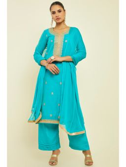 Soch - Women Turquoise Chanderi Dress Material (Set of 3)