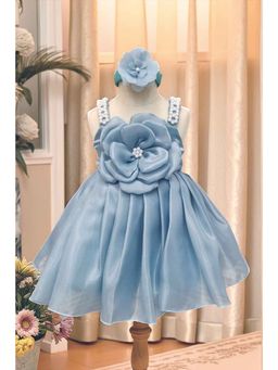 Lagorii - Floral Embellished And Pearl Work Aqua Frock With Headband