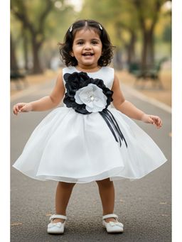 Lagorii - Party Wear White Oversized Black And Grey Floral Applique Frock