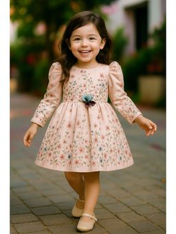 Lagorii - Floral Embroidered Pink Long Sleeves Frock