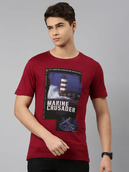 Dixcy Scott - Originals Men Cotton Round Neck Short Sleeves Printed T-shirt - Maroon