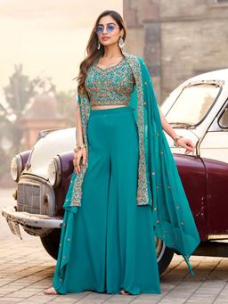 BC Balaji Creation - Green Georgette Indowestern Embroidary Blouse and Palazzo with Cape