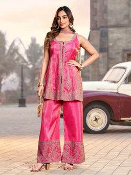 BC Balaji Creation - Pink Cosmos Silk Indowestern Embroidary Kurta and Pallazo with Dupatta