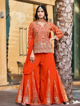 BC Balaji Creation - Orange Georgette Indowestern Embroidary Kurta and Palazzo with Dupatta