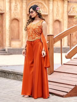 BC Balaji Creation - Orange Rangoli Indowestern Embroidary Top and Pallazo with Dupatta