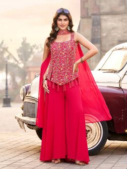 BC Balaji Creation - Hot Pink Georgette Indowestern Embroidary Top and Pallazo with Dupatta