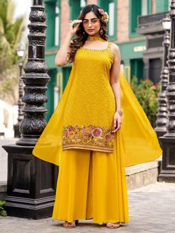 BC Balaji Creation - Yellow Georgette Embroidary Kurta and Sharara with Dupatta