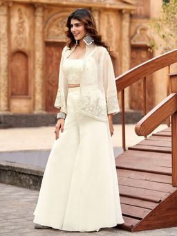 BC Balaji Creation - White Gloaster Indowestern Embroidary Blouse and Pallazo with Dupatta