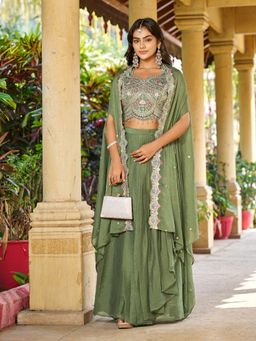 BC Balaji Creation - Pista Green Rangoli Crush Embroidery Top and Palazzo with Dupatta